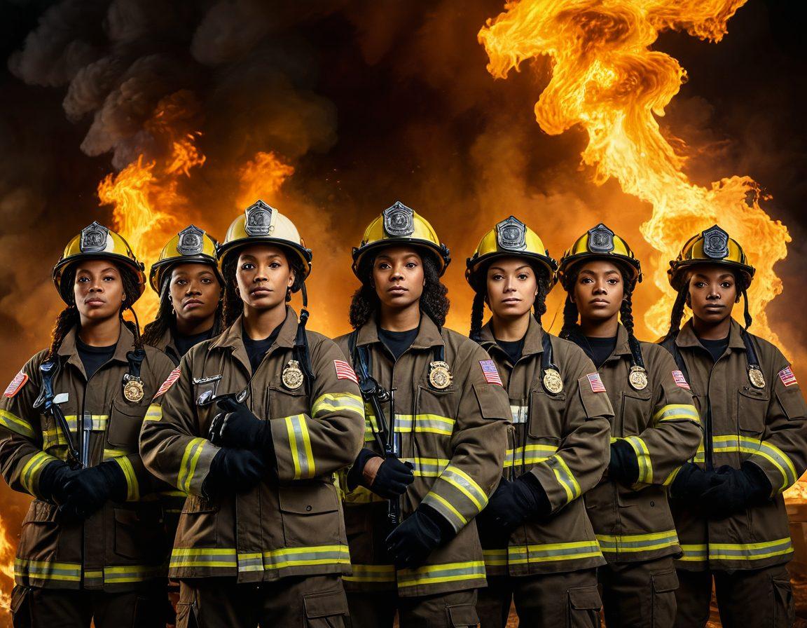A diverse group of strong, confident women in firefighter gear, proudly standing together with flames in the background, showcasing their heroism. Incorporate elements of teamwork, resilience, and empowerment, with soft, glowing light highlighting their faces and equipment. Add symbols of achievement like medals or certificates in their hands. The scene conveys a sense of inspiration and courage. vibrant colors. super-realistic.