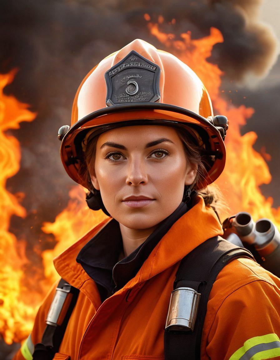 A powerful female firefighter, clad in bright orange gear and helmet, stands confidently on a blazing fire scene, holding a hose with flames reflected in her eyes. In the background, silhouettes of diverse women firefighters unite, showcasing a strong sisterhood. The setting sun casts a warm glow, illuminating the courage and determination in their faces. Elements of smoke and embers add drama and intensity to the scene. super-realistic. vibrant colors. dynamic lighting.