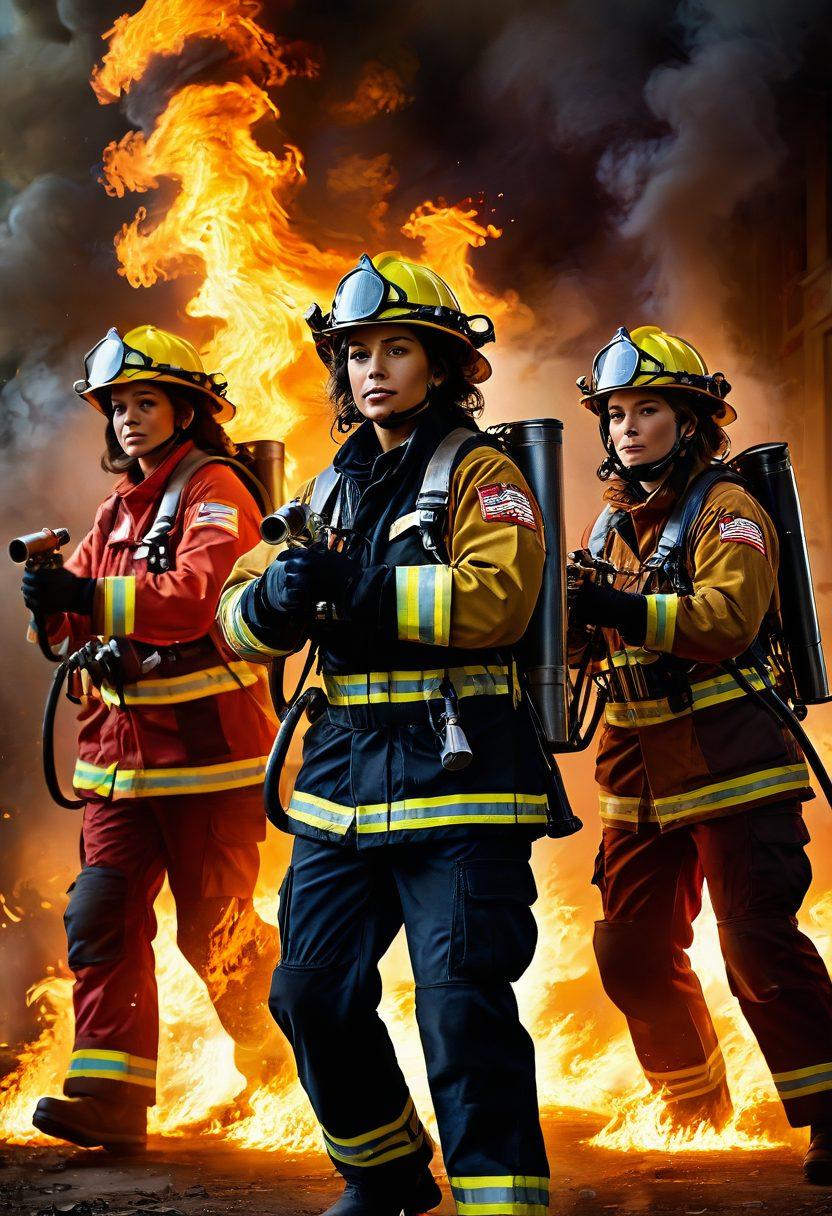 A dynamic scene featuring a diverse group of female firefighters in action, confidently battling a fire while showcasing their teamwork and strength. Include vibrant flames contrasting against the backdrop of a smoky environment, with the women wearing protective gear and smiling, symbolizing empowerment. Add elements of fire safety tools like hoses and extinguishers. Bright and bold colors to evoke a sense of courage and heroism. super-realistic. vibrant colors.